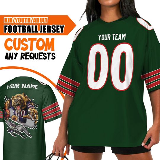 Custom Christmas Happy Team Color Football Jersey CB Bear Green, Chrismas Jersey American, Personalized Name Football Game Day Fan