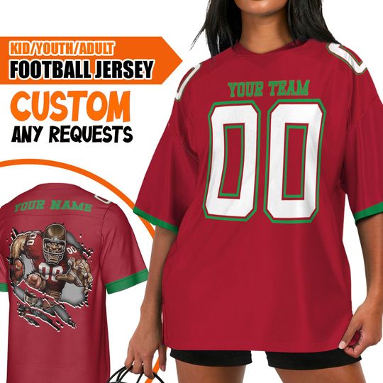 Custom Christmas Happy Team Color Football Jersey TP Bay Red, Chrismas Jersey American, Personalized Name Football Game Day Fan