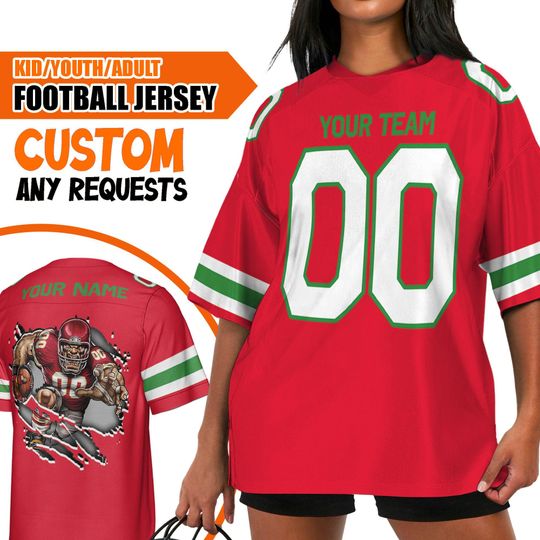 Custom Christmas Happy Team Color Football Jersey KC Chief Red, Chrismas Jersey American, Personalized Name Football Game Day Fan