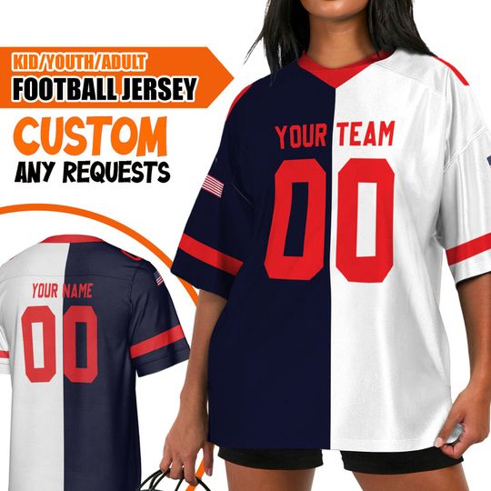 Personalized Football navi and red Jersey, Custom Half And Half Sport Jersey, V-neck Short Sleeve Jersey Shirt, Football Jerseys