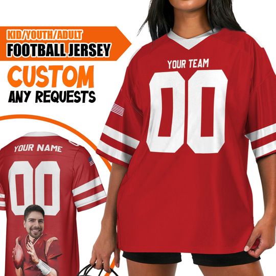 Personalized face football jersey 49ers Red, Custom Name and Number Jersey, V-neck Short Sleeve Jersey Red Shirt, Football Jerseys