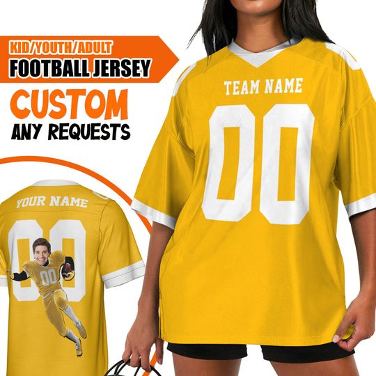 Custom Face Simple Color Yellow Football Jersey, Personalized Big Head Footall, Blokette Core Jersey, Custom Number and Text Jersey