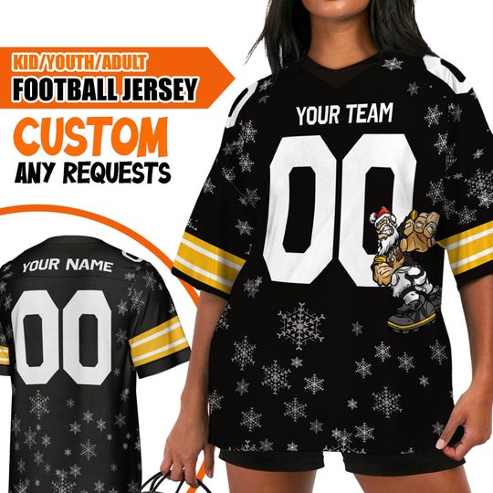 Custom Christmas Famous Team Santa Football Jersey PS Steel Black, American Football Jersey, Jersey Game Day shirt, Chrismas Jersey