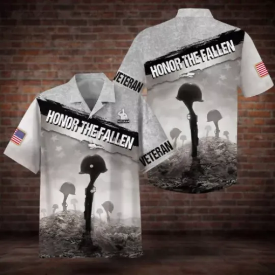 Honor The Fallen Veteran Hawaiian Button Up US Military Army Memorial Day Shirt