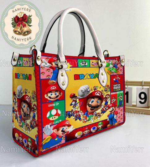 Super Mario Leather Handbag, Super Mario Christmas Vintage Handbag, Shoulder Bag, Crossbody Bag, Christmas Top Handle Bag