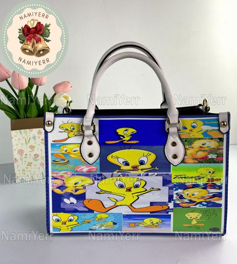 Tweety Bird Leather Handbag, Tweety Bird Christmas Vintage Handbag, Shoulder Bag, Crossbody Bag, Christmas Top Handle Bag
