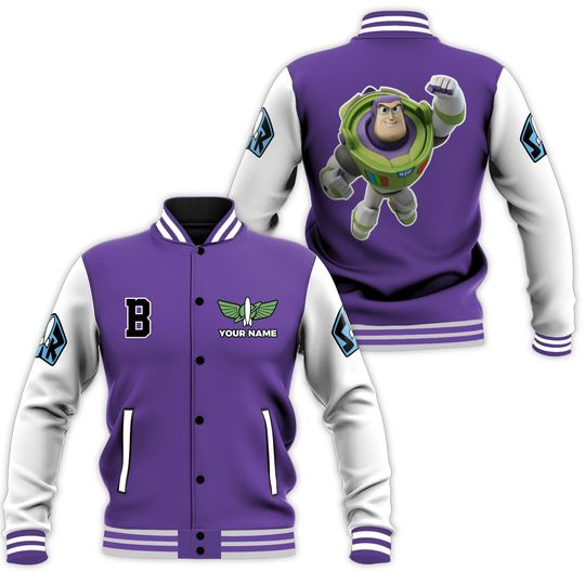 Personalize Buzz Lightyear Space Buzz Purple White Baseball Jacket, Baseball Team