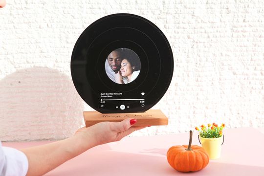 Personalized Vinyl with Wooden Stand - Personalized Record with Your Photo as Valentines Day Gift - Custom Song Plaque as Anniversary Gift