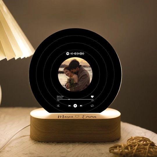 Custom Vinyl Record with Photo with Light, Valentines Day Gift for Boyfriend, Girlfriend Gifts, Black Record With Light, Acrylic Song Plaque