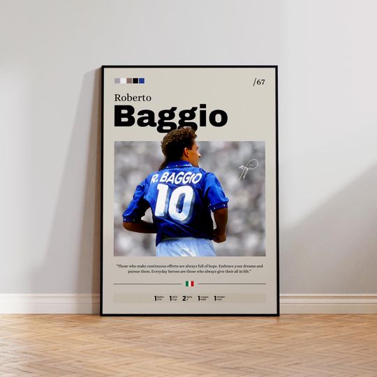 Roberto Baggio Poster, Baggio Art Print, Soccer Legend Wall Art, Football Icon Decor, Vintage Sports Poster, Italy Soccer Art,Man Cave Decor