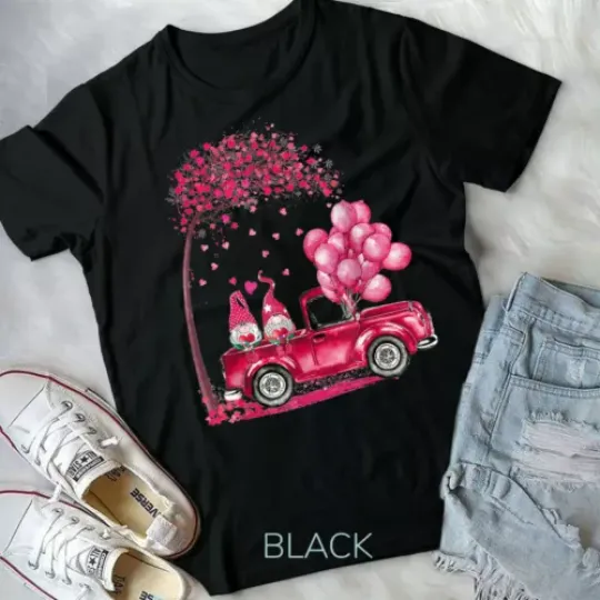 Funny Cute Gnomes In Trucks Happy Valentine T-Shirt