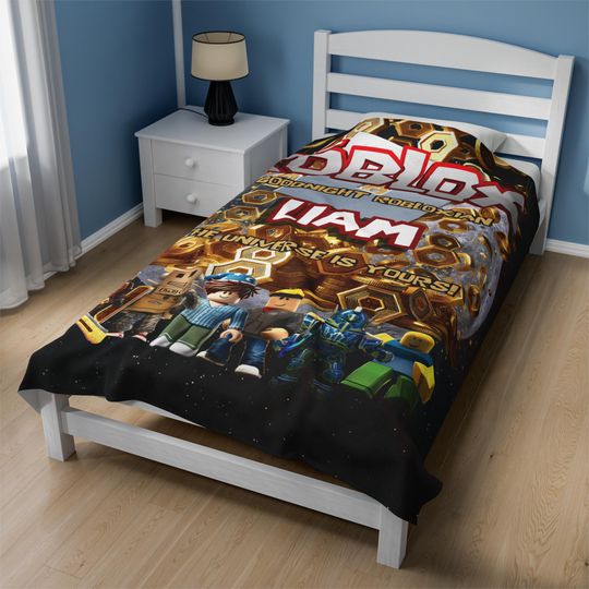 Personalized Roblox Fleece Blanket Goodnight Robloxian with Name, Cozy Space Blanket, Moon, Roblox Coins and Characters
