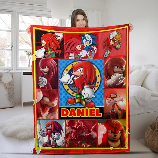 Custom Knuckles The Hedgehog Blanket, Personalized Cartoon Hedgehog Minky Sherpa Blanket,Custom Name Blanket, Sonic Blanket, Birthday