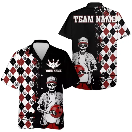 Skull Hawaiian Bowling Shirt Men Women Personalized Name Argyle Bowling Pattern