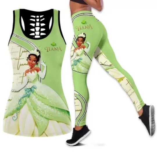 Tiana Princess & Frog Disney Hollow Tanktop Legging Outfit Set Cute Sport Yoga