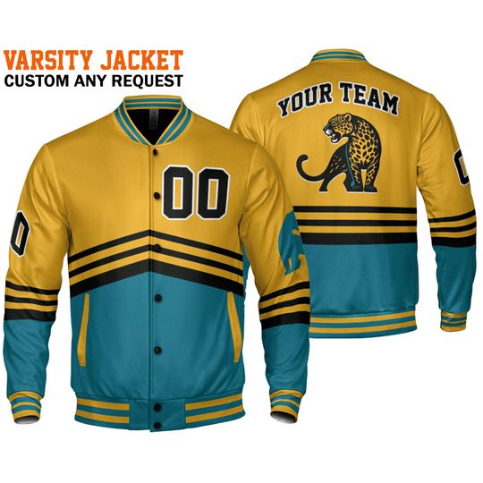 Custom Super Famous Team JJ Jungle Jaguar Yellow and Teal Baseball Jacket