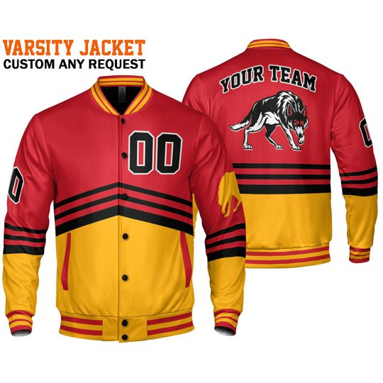 Custom Super Famous Team KC Leader Wolf Red and Yellow Baseball Jacket