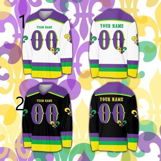 Personalized Mardi Gras Ice Hockey Jersey, Custom Fleur De Lis Hockey Shirt, Mardi Gras Carnival Hockey Team Jersey Sports Uniform For Fans
