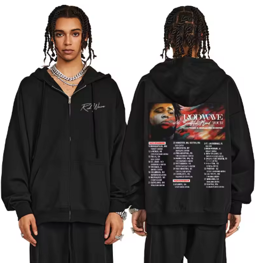 Rapper Rod Wave Graphic Print Double Sided Zip Hoodies