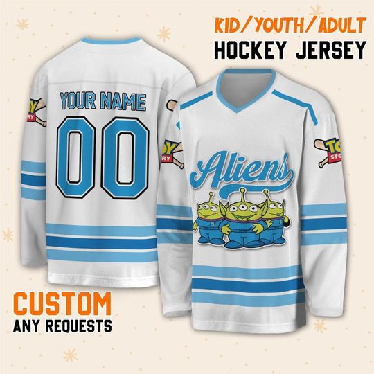 Custom Toy Story Aliens  Disney Hockey Jersey, Toy Story Aliens  Hockey Sport Team, Magic Kingdom Sport Hockey, Disneyland Winter Vacation