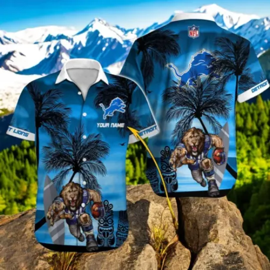 Personalized Detroit Lions Hawaiian Shirt Mascot And Coconut Tree Beach Summer Shirts