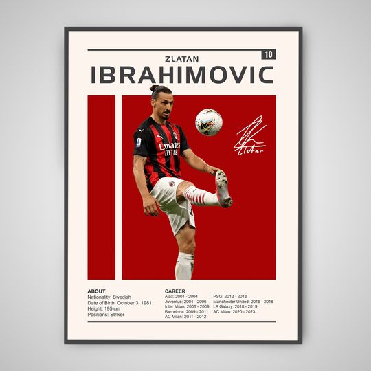 Zlatan Ibrahimovic Print | Zlatan Ibrahimovic Milan Poster, Sports Poster, Football Player Poster, Soccer Wall Art, AC Milan
