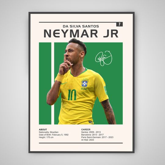 Neymar Jr Poster | Da Silva Santos Neymar Jr Print, Sports Poster, Football Poster, Soccer Wall Art, Neymar Jr Brazil National Team Print