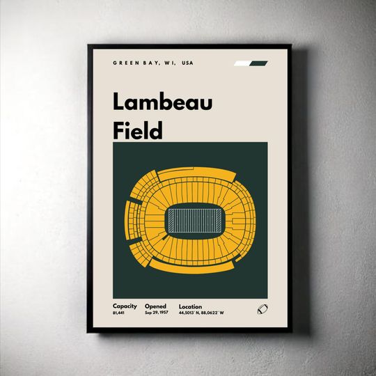 Green Bay Packers Poster, Lambeau Field Stadium Print, Mid Century Modern Football Poster,