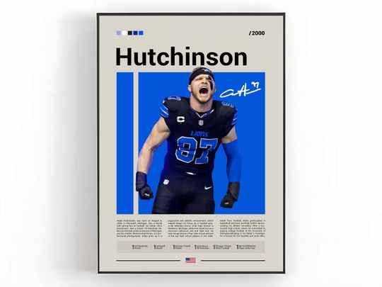 Aidan Hutchinson Poster, Detroit Lions Print, football Wall Art, Football Player Poster, Lions Fan Gift