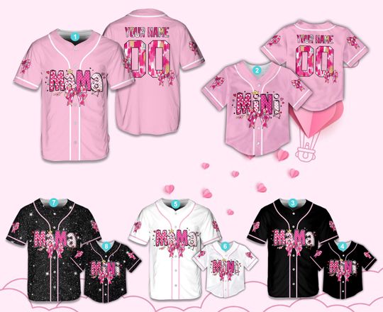 Personalized Mama Mini Valentines Day Baseball Jersey, Custom Name Number Coquette Bow Baseball Jersey