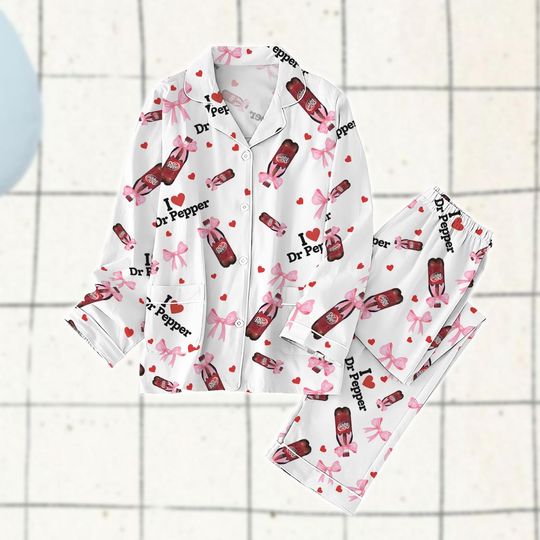 Discover Coquette Dr Pepper Pajamas Set, Pink Bow Pajamas, Soda Drink Women Pajamas