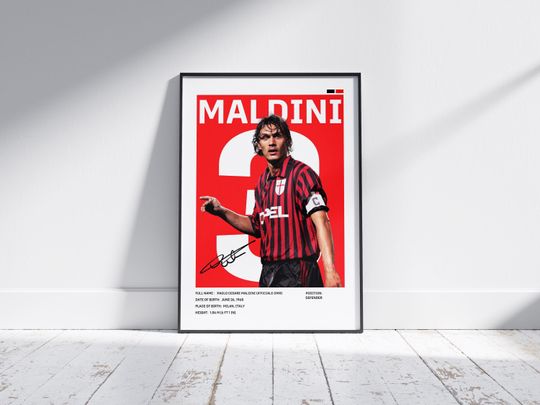 Paolo Maldini Poster, AC Milan Poster, Maldini Wall Art,Maldini Print,Soccer Gifts,Sports Bedroom Posters,Soccer Gifts