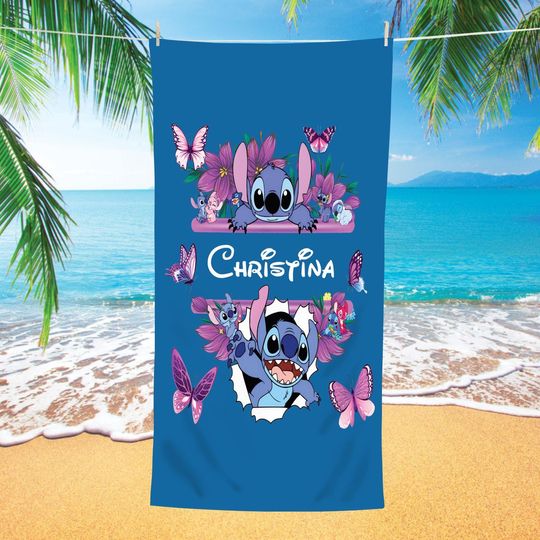 Stitch Custom Name Beach Towel, Personalized Stitch Birthday Baby Shower Christmas Halloween Name Beach Towel Gift for Kids Baby Girls Her