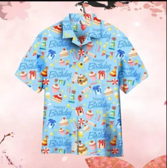 Happy Birthday Cake Pattern Blue Hawaiian Shirt