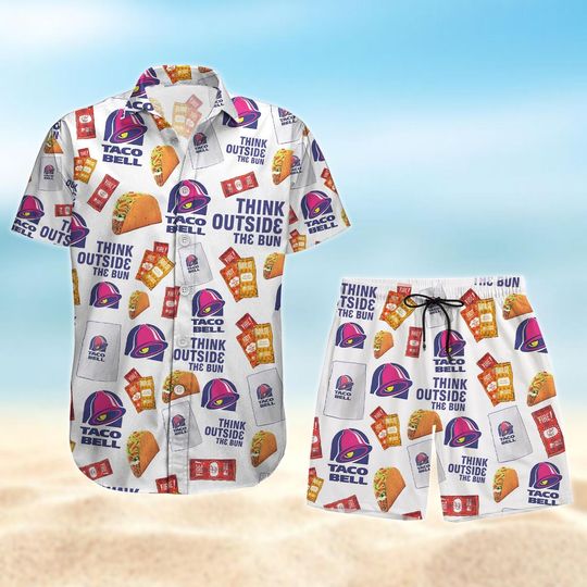 Taco Bell Button Shirt And Shorts, Taco Bell Hawaii Shirt, Fast Food Mexican Vacation Shirt, Summer Men Shorts, Retro Food Lover Gift