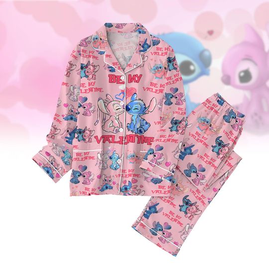 Stitch And Angel Pajamas Set, Be My Valentine Women Pajamas, Disney Valentine Pajamas Family, Magic Kingdom Pajamas Party, Gift For Her
