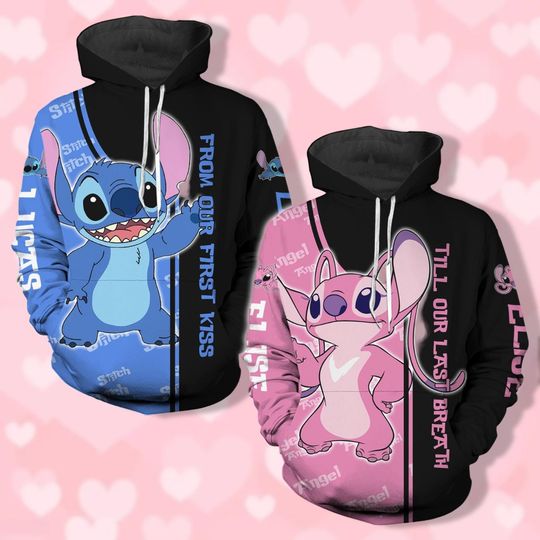 Stitch And Angel Couple Hoodies, Disney Stitch Valentine Hoodie, Disney Anniversary Gift, His And Hers Sweatshirts, Just Married Shirt