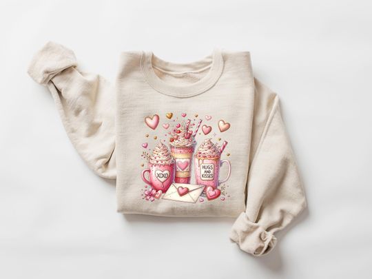 Valentine Coffee Sweatshirt, Womens Valentines Day Sweater, XOXO Sweatshirt, Coffee Lover Gift, Pink Coffee Valentine Shirt, Gift for Her