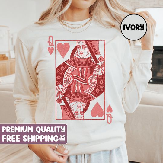 Queen of Hearts Valentines Day shirt, Comfort Colors, Valentine Shirt Gift for Valentine, Vintage Graphic Cute long sleeve