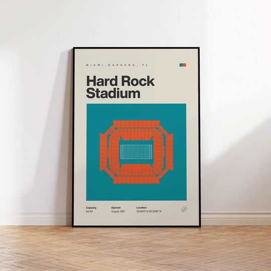 Miami Dolphins Poster, Hard Rock Stadium Print, Mid Century Modern Football Poster, Sports Bedroom Posters