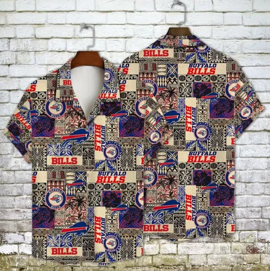 Buffalo Bill Hawaiian Shirt, geometric shapes, floral elements, football Team