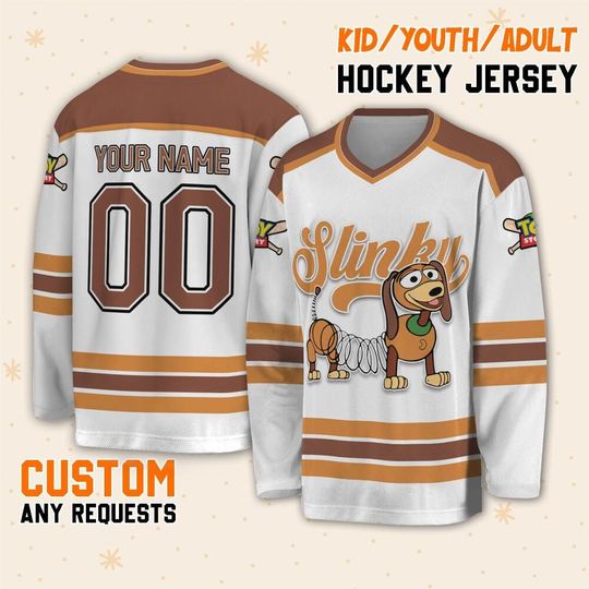 Custom Slinky Toy Story Disney Hockey Jersey, Disney Hockey Sport Team, Magic Kingdom Sport Hockey, Disneyland Winter Vacation, Birthday