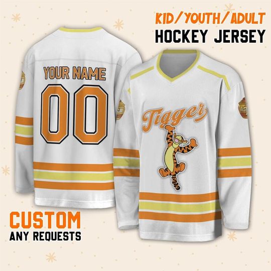 Custom Tigger Disney Hockey Jersey, Disney Winnie The Pooh Hockey Sport Team, Magic Kingdom Sport Hockey, Disneyland Winter Vacation