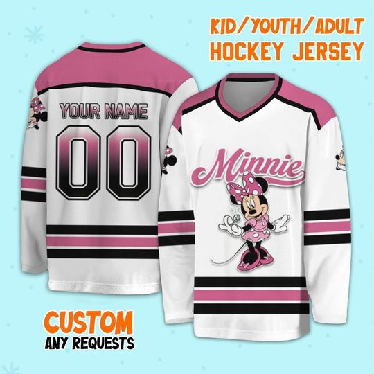 Personalize Disneyland Minnie Mouse Hockey, Disneyland Hockey Sport Team, Magic Kingdom Vacation, Minnie Disney Sport Hockey Team