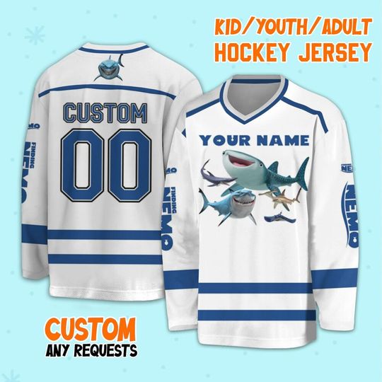 Personalized Disney Finding Nemo Shark Characters Hockey, Disney Christmas Gift, Finding Nemo Sport Hockey Team, Disney Hockey Gift