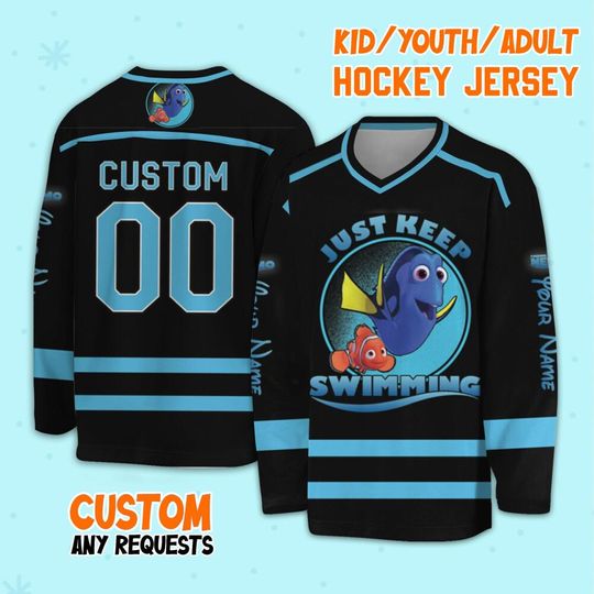 Personalized Disney Finding Nemo Just Keep Swimming Hockey, Disney Christmas Gift, Finding Nemo Sport Hockey Team, Disney Hockey Gift