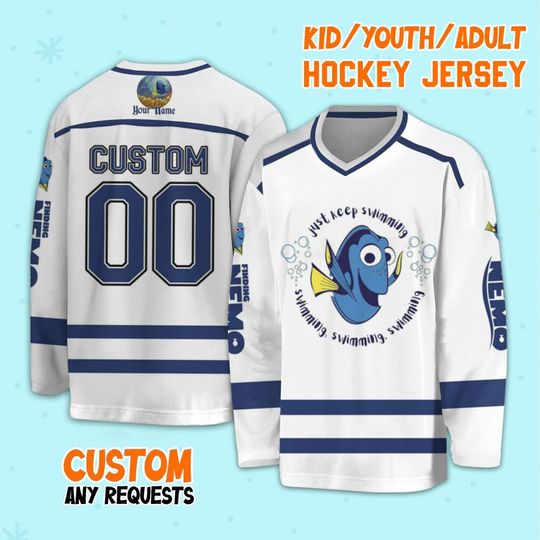 Personalized Disney Finding Nemo Just Keep Swimming Hockey, Finding Dory Sport Hockey Team, Disney Hockey Gift