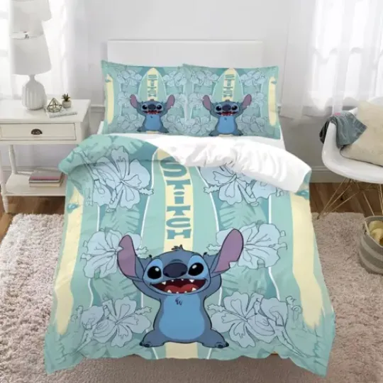Happy Stitch Hibiscus Flowers Tropical Vibes Ohana Means Family Bedding Set