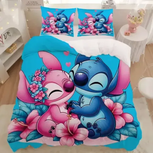 Happy Valentine's Day Stitch And Angel Forever Love Hibicus Flowers Bedding Set