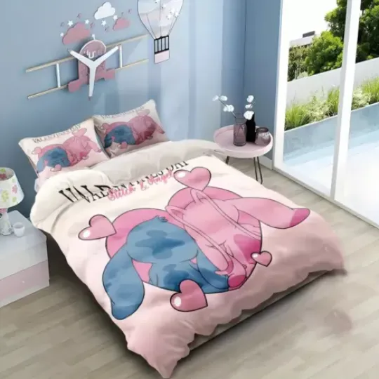 Happy Valentine's Day Stitch And Angel Couple Love Bedding Set
